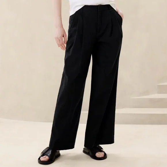 Banana Republic Explorer Nouve Wide Leg Pleated Pants Black 8 Cotton - Picture 1 of 12